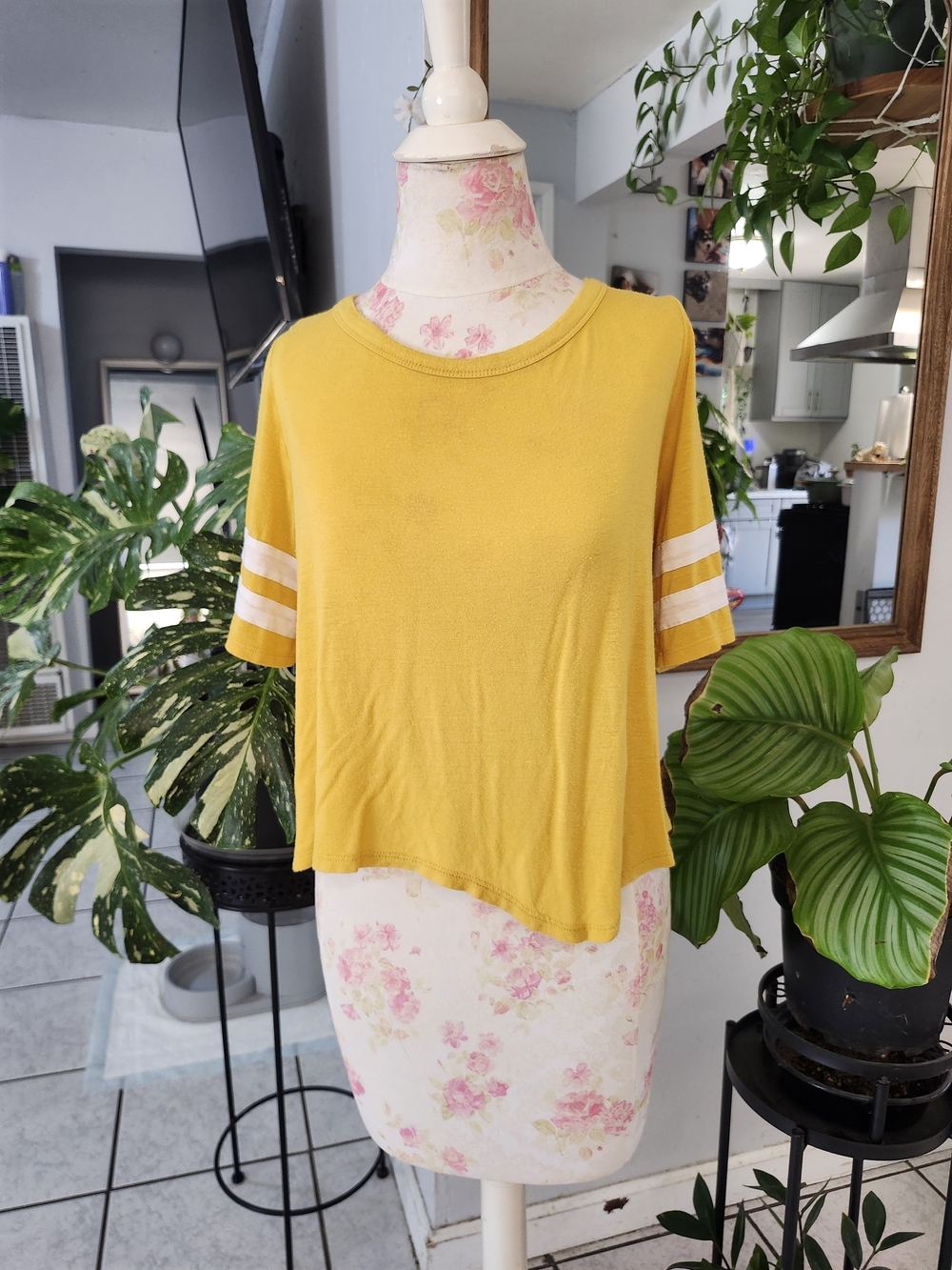 Rhapsody Mustard Yellow Short Sleeve Tee with White Sleeve Stripes